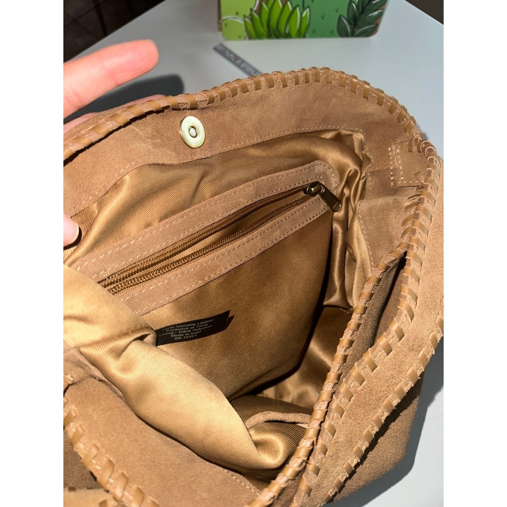 Tan Suede Whipstitch Hobo Shoulder Bag Genuine‎ Leather RN 75343 Made in India - Picture 7 of 10